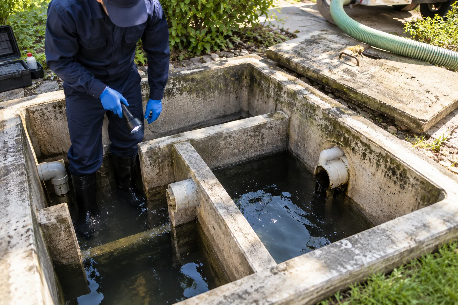 Technician inspecting the baffles of an open concrete septic tank with a flashlight