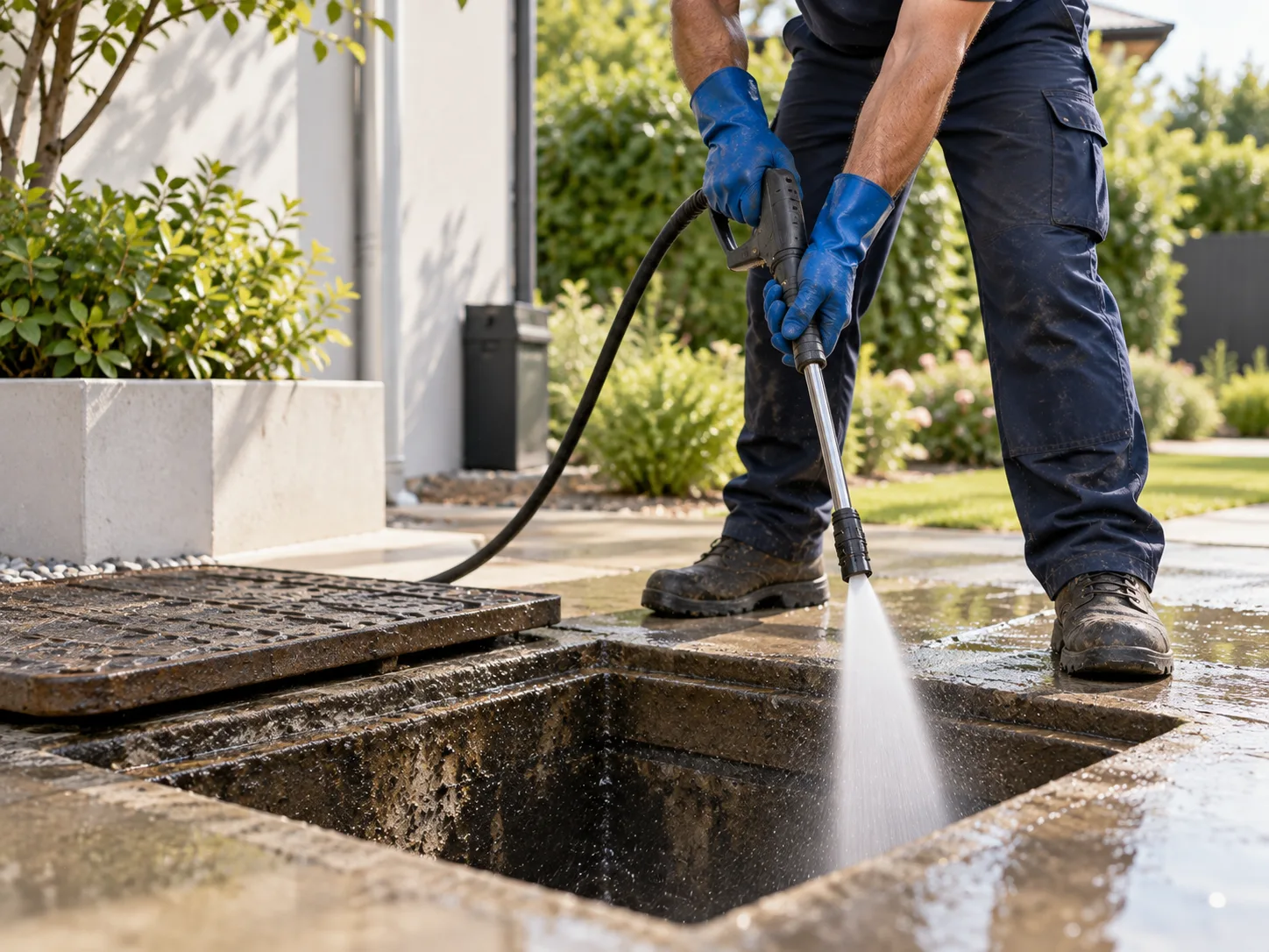 Technician flushing an open catch basin with a high-pressure wand