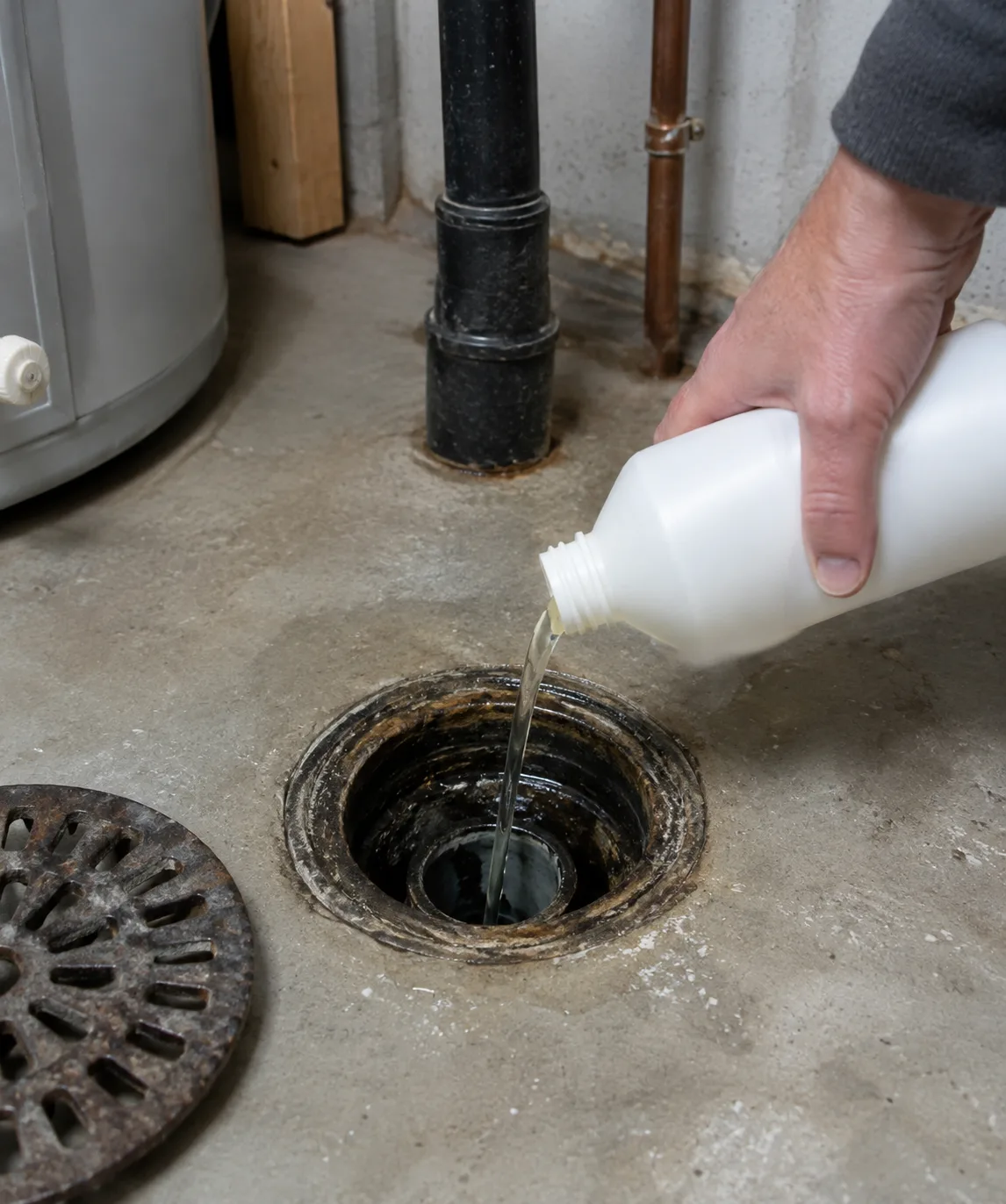 Bacterial treatment being poured into a basement floor drain