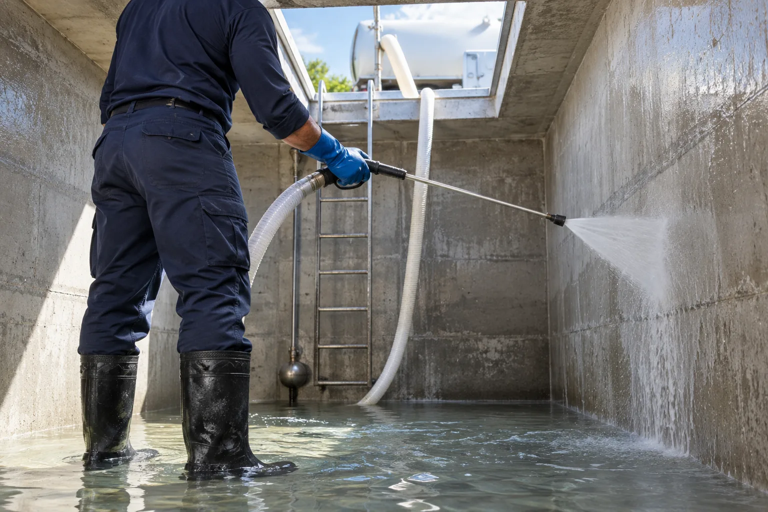 Technician sanitising the concrete wall of an empty drinking-water reservoir