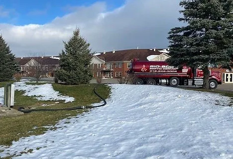 Bio-Bob's tanker servicing a residential complex in winter