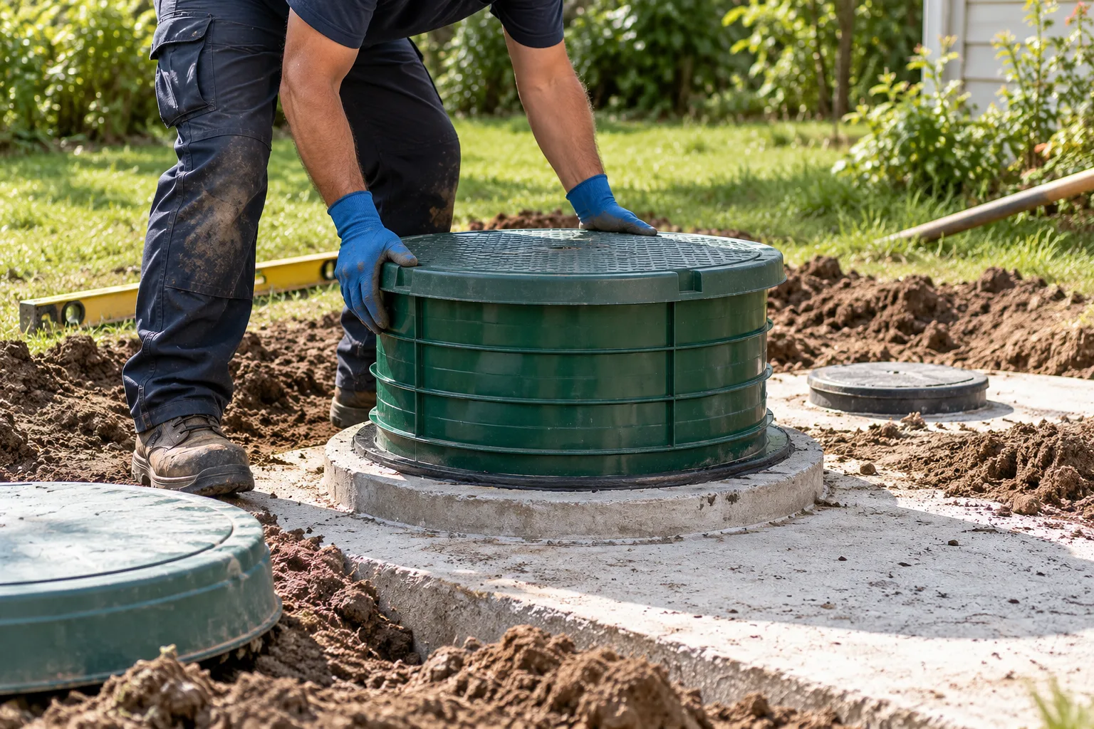 Technician fitting a green septic riser and lid onto a concrete septic tank opening