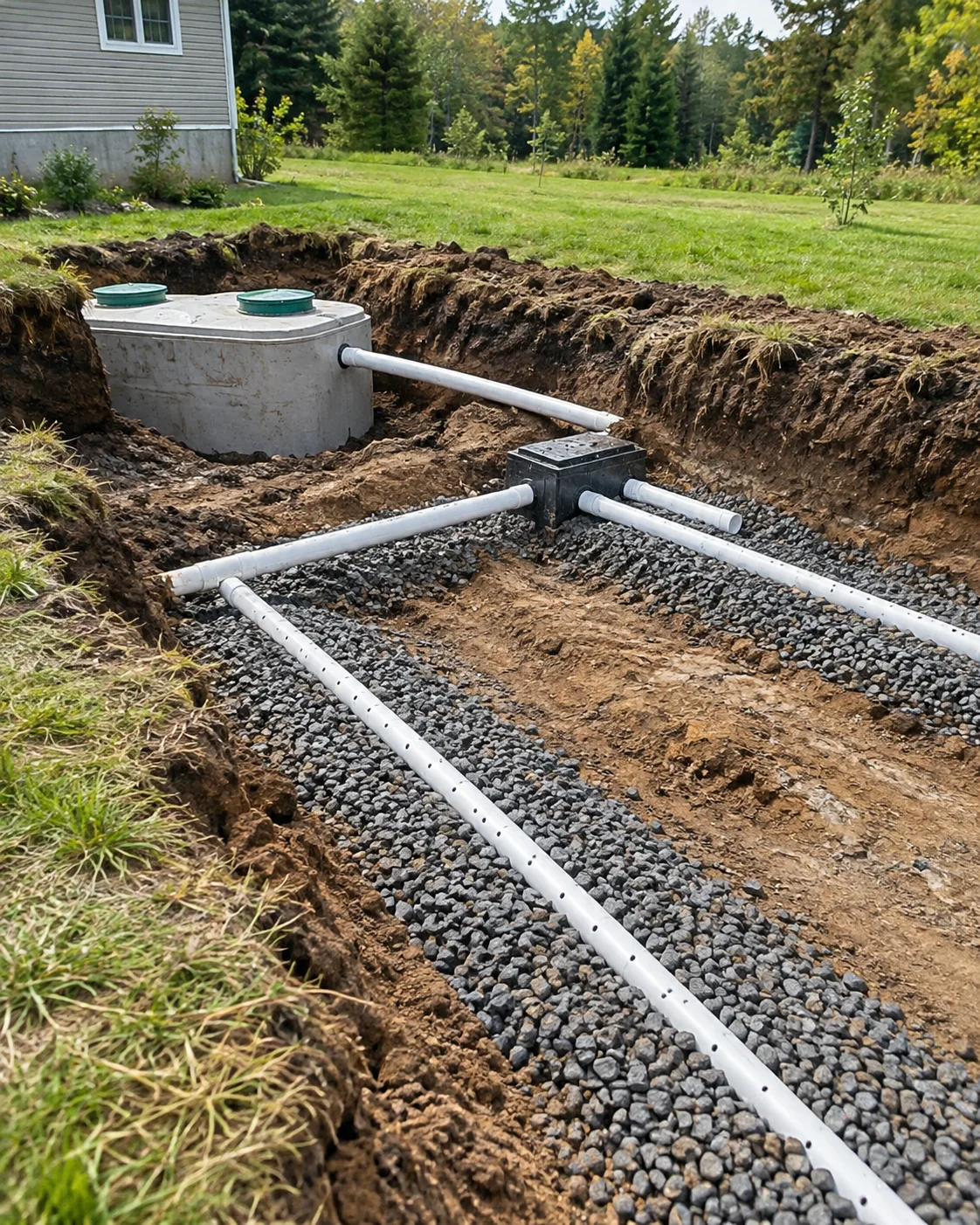Concrete septic tank connected to a leaching bed of perforated pipe on gravel