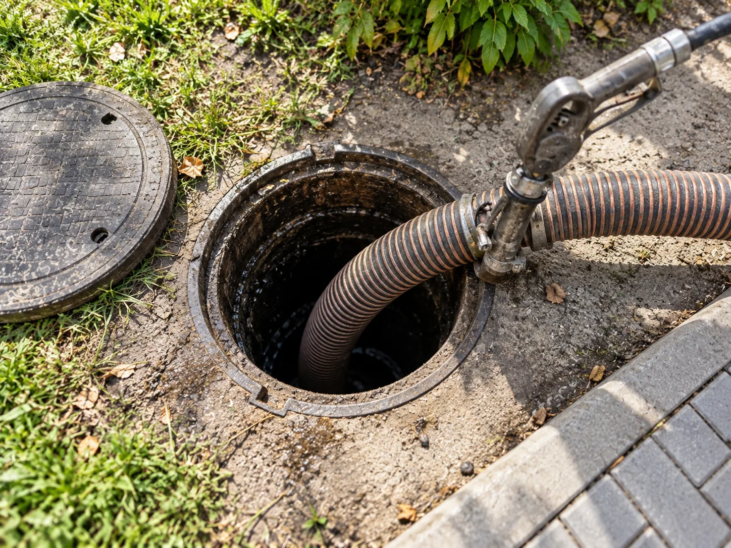 Vacuum hose lowered into an open sewer access beside a paved edge