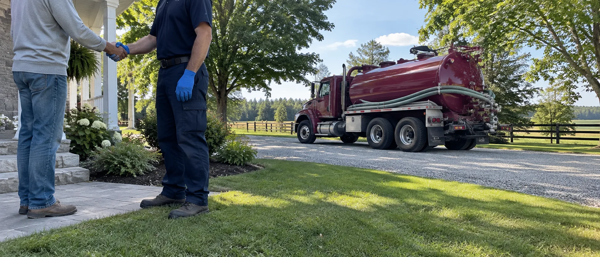 Technician greeting a homeowner while a maroon vacuum tanker waits on a rural gravel driveway