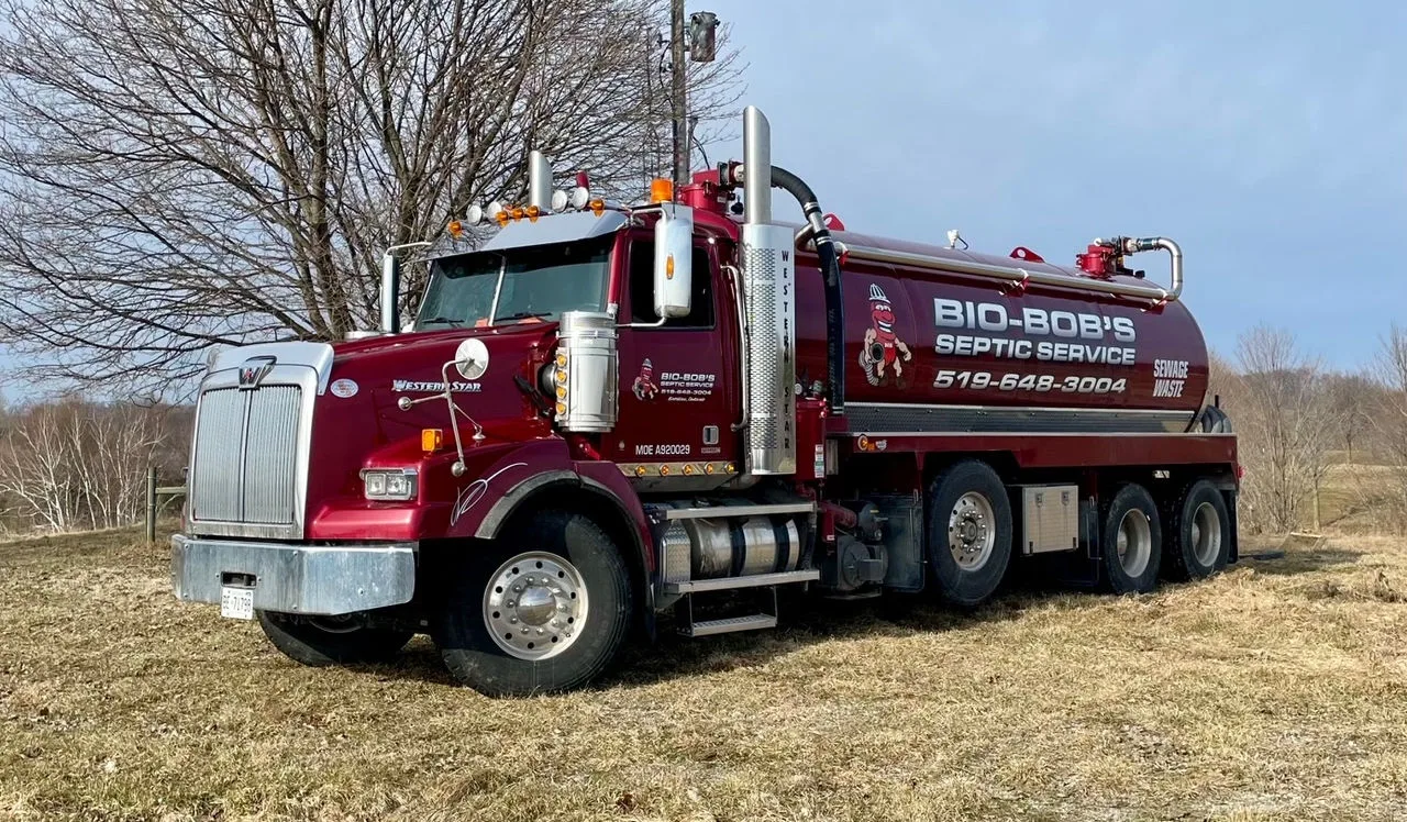 Bio-Bob's maroon Western Star tanker parked on open grass